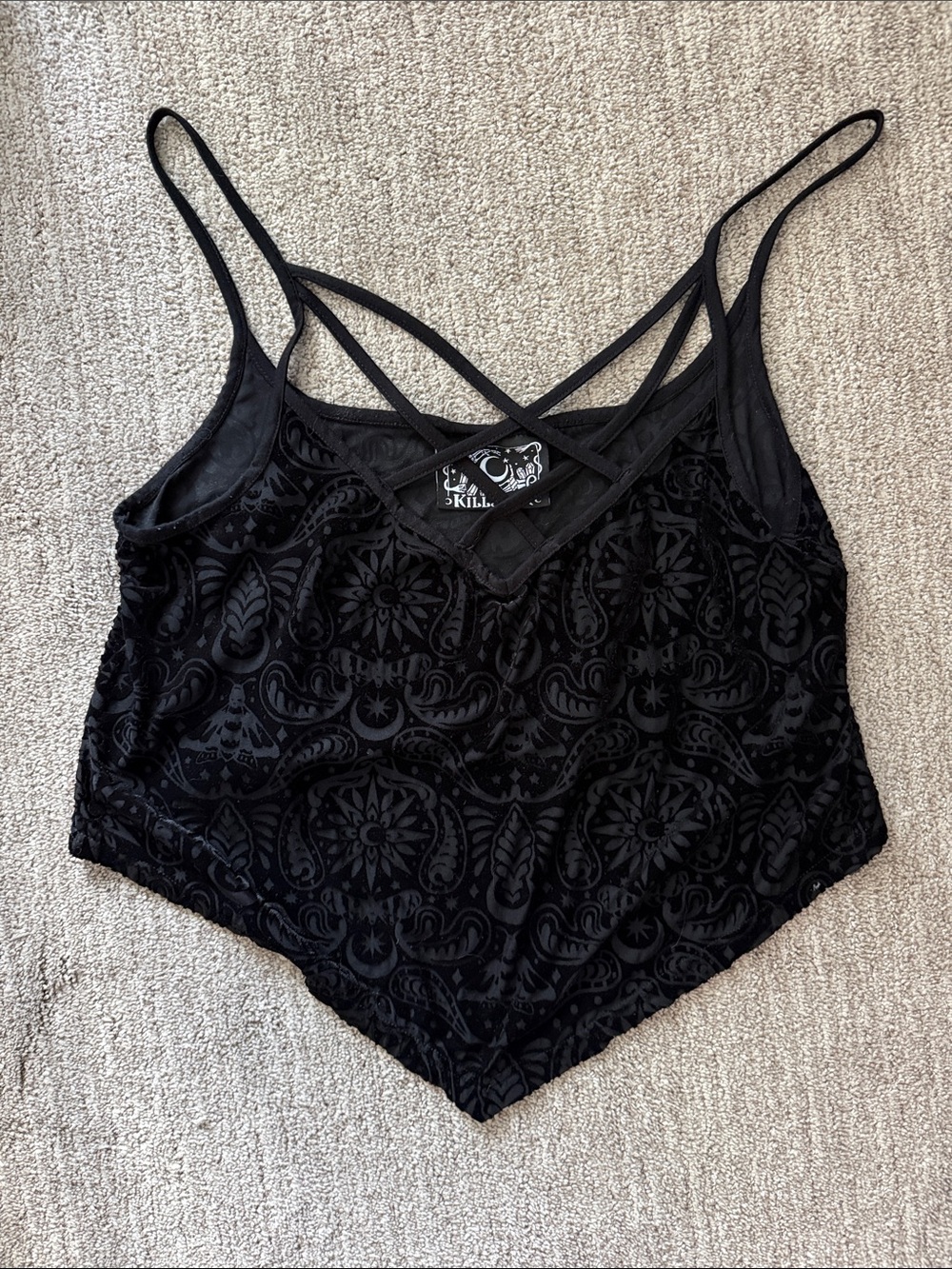 Killstar Black Velvet Paisley Pointed-Hem Strappy Camisole